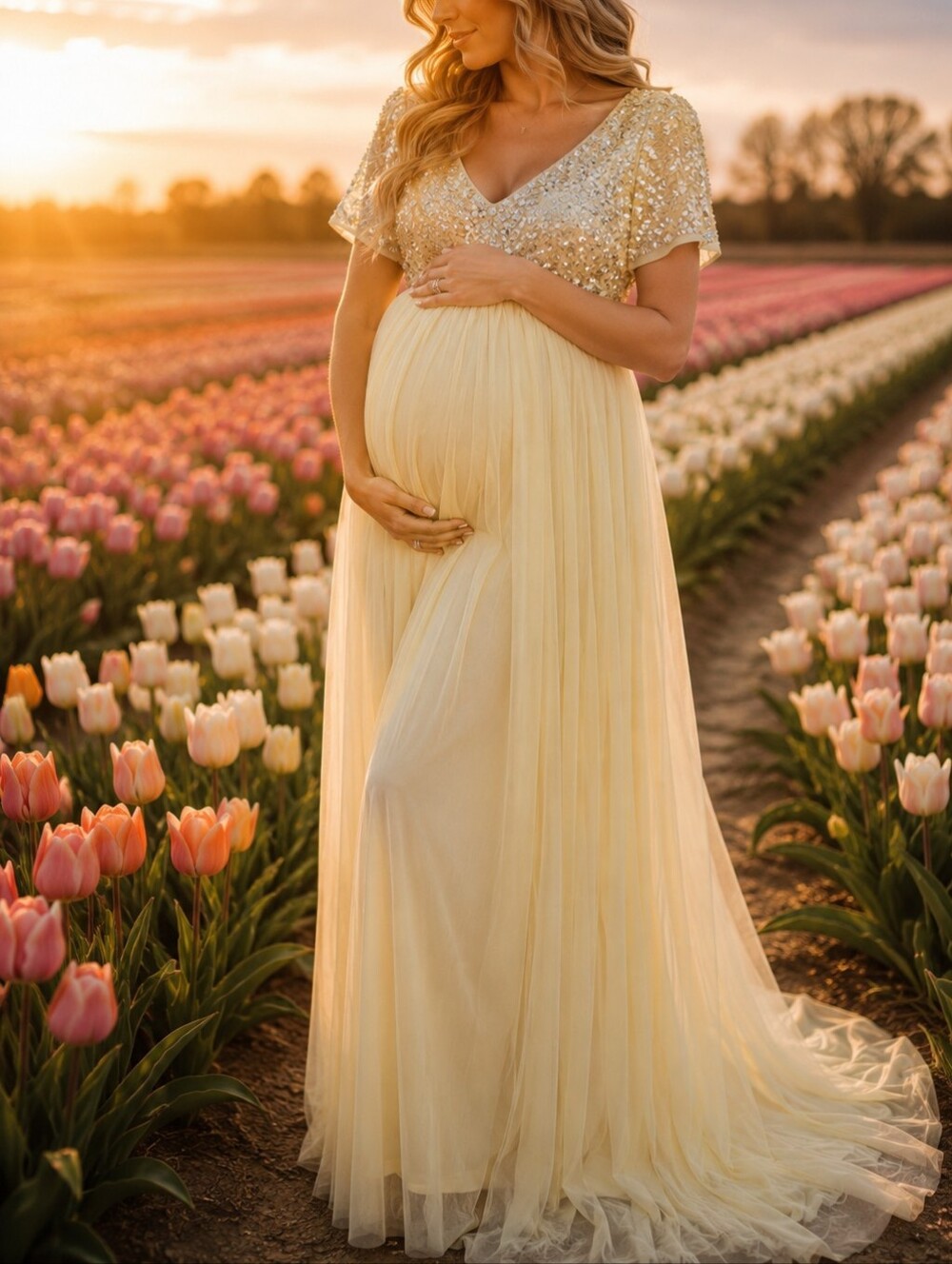 Maya Delicate Sequin Detail Tulle Maxi Dress in Lemon 10 Maternity